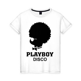 Женская футболка хлопок с принтом Playboy disco в Белгороде, 100% хлопок | прямой крой, круглый вырез горловины, длина до линии бедер, слегка спущенное плечо | disco | play boy | playboy | диско | зайчик | плей бой | плейбой