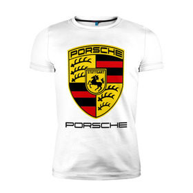 Мужская футболка премиум с принтом Porsche (2) в Белгороде, 92% хлопок, 8% лайкра | приталенный силуэт, круглый вырез ворота, длина до линии бедра, короткий рукав | porsche | авто2012 | логотип порше | порш | порше | поршель | символ порше