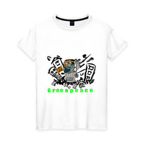 Женская футболка хлопок с принтом Greenpeace (2) в Белгороде, 100% хлопок | прямой крой, круглый вырез горловины, длина до линии бедер, слегка спущенное плечо | Тематика изображения на принте: greenpeace | город | гринпис | загрязнение планеты | зеленый мир | мусор | планета замля