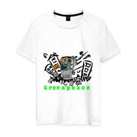 Мужская футболка хлопок с принтом Greenpeace (2) в Белгороде, 100% хлопок | прямой крой, круглый вырез горловины, длина до линии бедер, слегка спущенное плечо. | Тематика изображения на принте: greenpeace | город | гринпис | загрязнение планеты | зеленый мир | мусор | планета замля