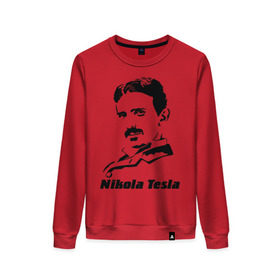 Женский свитшот хлопок с принтом Nikola Tesla в Белгороде, 100% хлопок | прямой крой, круглый вырез, на манжетах и по низу широкая трикотажная резинка  | nikola tesla | знаменитая личность | знаменитость | никола тесла | портрет | тесла | ученый | физик