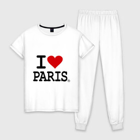 Женская пижама хлопок с принтом I love Paris в Белгороде, 100% хлопок | брюки и футболка прямого кроя, без карманов, на брюках мягкая резинка на поясе и по низу штанин | i love | i love paris | европа | париж | франция | французский | я люблю париж
