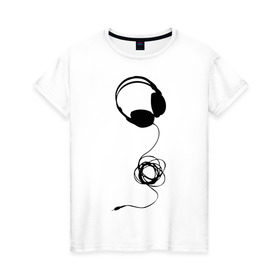 Женская футболка хлопок с принтом Наушники и шнур в Белгороде, 100% хлопок | прямой крой, круглый вырез горловины, длина до линии бедер, слегка спущенное плечо | deejay | dj | диджей | шаушники | шнур