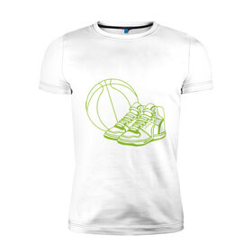 Мужская футболка премиум с принтом Баскетбол (мяч и кеды) в Белгороде, 92% хлопок, 8% лайкра | приталенный силуэт, круглый вырез ворота, длина до линии бедра, короткий рукав | баскетбольный мяч | кеды