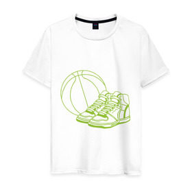 Мужская футболка хлопок с принтом Баскетбол (мяч и кеды) в Белгороде, 100% хлопок | прямой крой, круглый вырез горловины, длина до линии бедер, слегка спущенное плечо. | баскетбольный мяч | кеды