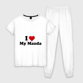 Женская пижама хлопок с принтом I love my Mazda (2) в Белгороде, 100% хлопок | брюки и футболка прямого кроя, без карманов, на брюках мягкая резинка на поясе и по низу штанин | i love | i love my mazda | mazda | авто | мазда | машины | я люблю | японские