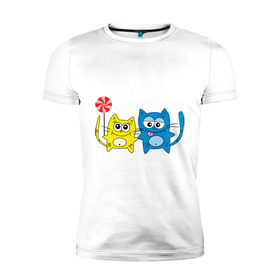 Мужская футболка премиум с принтом Влюбленные котята в Белгороде, 92% хлопок, 8% лайкра | приталенный силуэт, круглый вырез ворота, длина до линии бедра, короткий рукав | влюбленные | влюбленные котятакотик | киса | кот | котенок | котята | кошка | любовь | парочка