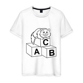Мужская футболка хлопок с принтом Кот на кубиках в Белгороде, 100% хлопок | прямой крой, круглый вырез горловины, длина до линии бедер, слегка спущенное плечо. | алфавит | киса | кот | котик | кубики