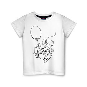 Детская футболка хлопок с принтом Мышка с шариком в Белгороде, 100% хлопок | круглый вырез горловины, полуприлегающий силуэт, длина до линии бедер | Тематика изображения на принте: воздушный | мышенок | мышка | мышонок | мышь | шар | шарик