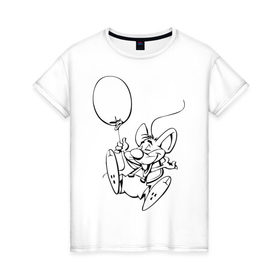 Женская футболка хлопок с принтом Мышка с шариком в Белгороде, 100% хлопок | прямой крой, круглый вырез горловины, длина до линии бедер, слегка спущенное плечо | воздушный | мышенок | мышка | мышонок | мышь | шар | шарик