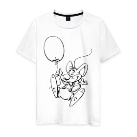 Мужская футболка хлопок с принтом Мышка с шариком в Белгороде, 100% хлопок | прямой крой, круглый вырез горловины, длина до линии бедер, слегка спущенное плечо. | воздушный | мышенок | мышка | мышонок | мышь | шар | шарик