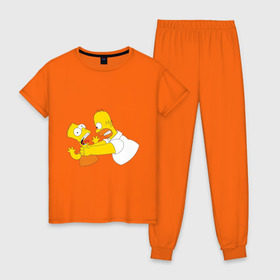 Женская пижама хлопок с принтом Гомер душит Барта в Белгороде, 100% хлопок | брюки и футболка прямого кроя, без карманов, на брюках мягкая резинка на поясе и по низу штанин | гомер