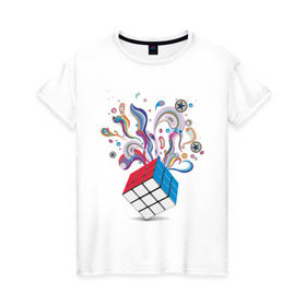 Женская футболка хлопок с принтом КРеатив в Белгороде, 100% хлопок | прямой крой, круглый вырез горловины, длина до линии бедер, слегка спущенное плечо | colors | дизайн | краски | кубик рубика | поток цвета | цвета