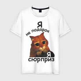Мужская футболка хлопок с принтом Я не подарок, я сюрприз в Белгороде, 100% хлопок | прямой крой, круглый вырез горловины, длина до линии бедер, слегка спущенное плечо. | кот | кот из шрека | котик | подарок | сюрприз | шрек | я не подарокя