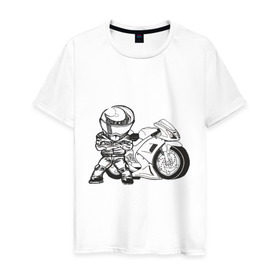 Мужская футболка хлопок с принтом Мотоциклист в Белгороде, 100% хлопок | прямой крой, круглый вырез горловины, длина до линии бедер, слегка спущенное плечо. | байк | байкер