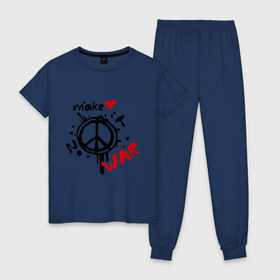 Женская пижама хлопок с принтом Peace Make love not war в Белгороде, 100% хлопок | брюки и футболка прямого кроя, без карманов, на брюках мягкая резинка на поясе и по низу штанин | хиппи