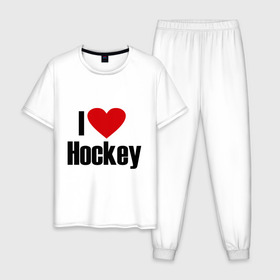 Мужская пижама хлопок с принтом Я люблю хоккей! в Белгороде, 100% хлопок | брюки и футболка прямого кроя, без карманов, на брюках мягкая резинка на поясе и по низу штанин
 | nhl | лига | национальная лига | нхл | хокей | хоккей | хоккейная лига | я люблю