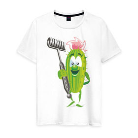 Мужская футболка хлопок с принтом Огурец в Белгороде, 100% хлопок | прямой крой, круглый вырез горловины, длина до линии бедер, слегка спущенное плечо. | дача | дачник | овощи | огурец | огурчик | садовод