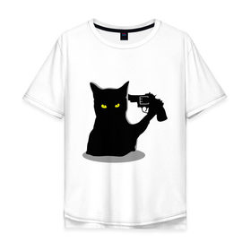 Мужская футболка хлопок Oversize с принтом Black Cat Shooter в Белгороде, 100% хлопок | свободный крой, круглый ворот, “спинка” длиннее передней части | Тематика изображения на принте: кот | кошка | кошка с пистолетом | кошки | пистолет | револьвер | черная кошка