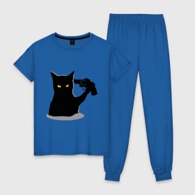 Женская пижама хлопок с принтом Black Cat Shooter в Белгороде, 100% хлопок | брюки и футболка прямого кроя, без карманов, на брюках мягкая резинка на поясе и по низу штанин | кот | кошка | кошка с пистолетом | кошки | пистолет | револьвер | черная кошка