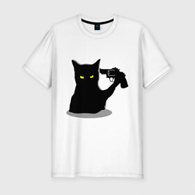Мужская футболка премиум с принтом Black Cat Shooter в Белгороде, 92% хлопок, 8% лайкра | приталенный силуэт, круглый вырез ворота, длина до линии бедра, короткий рукав | Тематика изображения на принте: кот | кошка | кошка с пистолетом | кошки | пистолет | револьвер | черная кошка