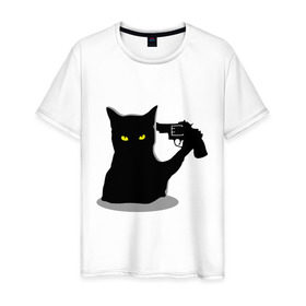 Мужская футболка хлопок с принтом Black Cat Shooter в Белгороде, 100% хлопок | прямой крой, круглый вырез горловины, длина до линии бедер, слегка спущенное плечо. | Тематика изображения на принте: кот | кошка | кошка с пистолетом | кошки | пистолет | револьвер | черная кошка