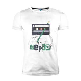 Мужская футболка премиум с принтом Replay в Белгороде, 92% хлопок, 8% лайкра | приталенный силуэт, круглый вырез ворота, длина до линии бедра, короткий рукав | music | replay | replayреплей | аудиокассета | кассета | музыка
