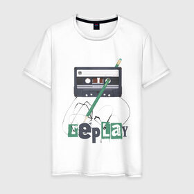Мужская футболка хлопок с принтом Replay в Белгороде, 100% хлопок | прямой крой, круглый вырез горловины, длина до линии бедер, слегка спущенное плечо. | music | replay | replayреплей | аудиокассета | кассета | музыка