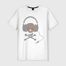Мужская футболка премиум с принтом Электро-череп в наушниках в Белгороде, 92% хлопок, 8% лайкра | приталенный силуэт, круглый вырез ворота, длина до линии бедра, короткий рукав | наушники | череп | череп  в наушниках | электро | электро череп | электромузыка | электронная музыка