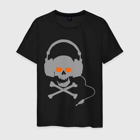 Мужская футболка хлопок с принтом Электро-череп в наушниках в Белгороде, 100% хлопок | прямой крой, круглый вырез горловины, длина до линии бедер, слегка спущенное плечо. | наушники | череп | череп  в наушниках | электро | электро череп | электромузыка | электронная музыка