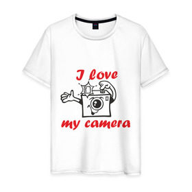 Мужская футболка хлопок с принтом I love my camera в Белгороде, 100% хлопок | прямой крой, круглый вырез горловины, длина до линии бедер, слегка спущенное плечо. | i love | i love my camera | фотоаппарат | фотограф | фотографировать | я люблю | я люблю свою камеру