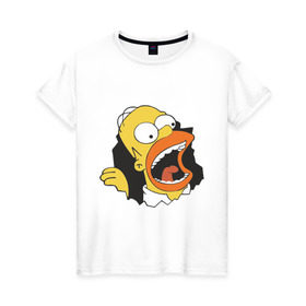 Женская футболка хлопок с принтом Гомер Симпсон вылезает в Белгороде, 100% хлопок | прямой крой, круглый вырез горловины, длина до линии бедер, слегка спущенное плечо | Тематика изображения на принте: гомер