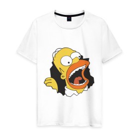 Мужская футболка хлопок с принтом Гомер Симпсон вылезает в Белгороде, 100% хлопок | прямой крой, круглый вырез горловины, длина до линии бедер, слегка спущенное плечо. | гомер
