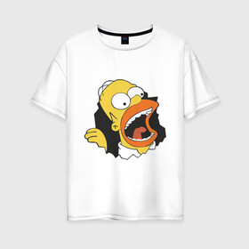 Женская футболка хлопок Oversize с принтом Гомер Симпсон вылезает в Белгороде, 100% хлопок | свободный крой, круглый ворот, спущенный рукав, длина до линии бедер
 | Тематика изображения на принте: гомер
