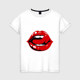 Женская футболка хлопок с принтом Губы и язык в Белгороде, 100% хлопок | прямой крой, круглый вырез горловины, длина до линии бедер, слегка спущенное плечо | 8 марта | губы | губы и язык | девушкам | женские губы | красная помада | красные губы | язык