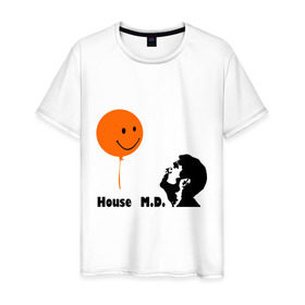 Мужская футболка хлопок с принтом Доктор Хаус и воздушный шарик в Белгороде, 100% хлопок | прямой крой, круглый вырез горловины, длина до линии бедер, слегка спущенное плечо. | Тематика изображения на принте: house | house md | все врут | доктор хауз | доктор хаус | хаус | хью лори