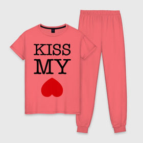 Женская пижама хлопок с принтом Kiss my ace в Белгороде, 100% хлопок | брюки и футболка прямого кроя, без карманов, на брюках мягкая резинка на поясе и по низу штанин | поцелуй | сердце | целовать