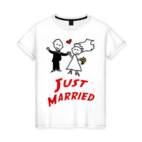 Женская футболка хлопок с принтом Just married в Белгороде, 100% хлопок | прямой крой, круглый вырез горловины, длина до линии бедер, слегка спущенное плечо | для молодоженов | молодожены | мы только что поженились | невеста | супружеская | только поженились