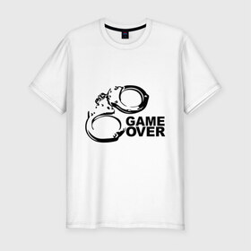 Мужская футболка премиум с принтом Game Over наручники в Белгороде, 92% хлопок, 8% лайкра | приталенный силуэт, круглый вырез ворота, длина до линии бедра, короткий рукав | game over | арест | арестовать | заключенный | игра окончена | милиция | наручники