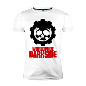Мужская футболка премиум с принтом Worldwide Darkside в Белгороде, 92% хлопок, 8% лайкра | приталенный силуэт, круглый вырез ворота, длина до линии бедра, короткий рукав | Тематика изображения на принте: сторона | темная | череп | черепушка | шестеренка | электро | электронная