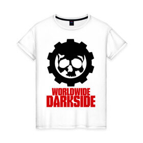 Женская футболка хлопок с принтом Worldwide Darkside в Белгороде, 100% хлопок | прямой крой, круглый вырез горловины, длина до линии бедер, слегка спущенное плечо | сторона | темная | череп | черепушка | шестеренка | электро | электронная