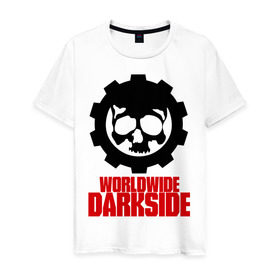 Мужская футболка хлопок с принтом Worldwide Darkside в Белгороде, 100% хлопок | прямой крой, круглый вырез горловины, длина до линии бедер, слегка спущенное плечо. | сторона | темная | череп | черепушка | шестеренка | электро | электронная