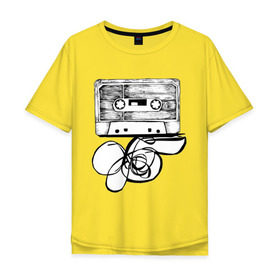 Мужская футболка хлопок Oversize с принтом Размотанная кассета в Белгороде, 100% хлопок | свободный крой, круглый ворот, “спинка” длиннее передней части | Тематика изображения на принте: аудиокассета | дека | касеста | компакт кассета | музыка | размотанная кассета