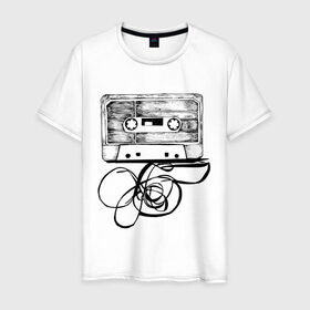Мужская футболка хлопок с принтом Размотанная кассета в Белгороде, 100% хлопок | прямой крой, круглый вырез горловины, длина до линии бедер, слегка спущенное плечо. | аудиокассета | дека | касеста | компакт кассета | музыка | размотанная кассета