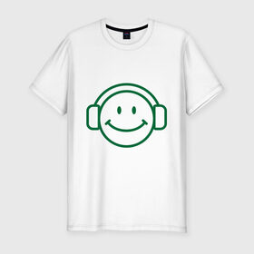 Мужская футболка премиум с принтом Смайл в наушниках в Белгороде, 92% хлопок, 8% лайкра | приталенный силуэт, круглый вырез ворота, длина до линии бедра, короткий рукав | smile | наушники | смайл | смайлик | улыбка