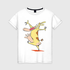 Женская футболка хлопок с принтом Корова танцует в Белгороде, 100% хлопок | прямой крой, круглый вырез горловины, длина до линии бедер, слегка спущенное плечо | cow and chicken | cow and chiken | корова