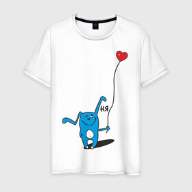 Мужская футболка хлопок с принтом Ня в Белгороде, 100% хлопок | прямой крой, круглый вырез горловины, длина до линии бедер, слегка спущенное плечо. | воздушный шар | воздушный шарик | зайчик | заяц | кролик | ня | сердечко | сердце