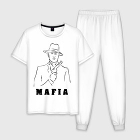 Мужская пижама хлопок с принтом Мафия в Белгороде, 100% хлопок | брюки и футболка прямого кроя, без карманов, на брюках мягкая резинка на поясе и по низу штанин
 | бандит | гангстер | клан | мафиозе | мафия | оружие | пистолет | шляпа
