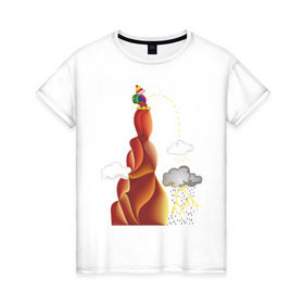 Женская футболка хлопок с принтом Турист писает в Белгороде, 100% хлопок | прямой крой, круглый вырез горловины, длина до линии бедер, слегка спущенное плечо | вершина | гора | дождь | писать | прикольные | турист. рисунок