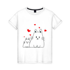 Женская футболка хлопок с принтом Кошачья любовь в Белгороде, 100% хлопок | прямой крой, круглый вырез горловины, длина до линии бедер, слегка спущенное плечо | коты | кошачья любовь | кошки | любовь | сердце | чувства